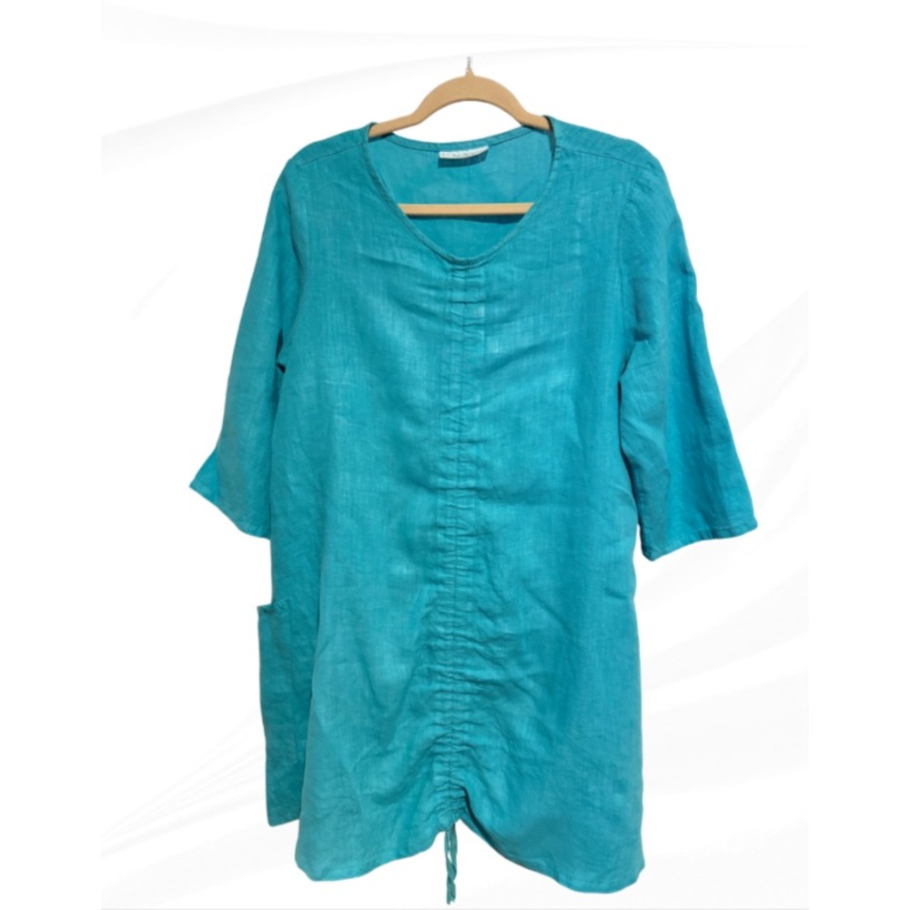 Bryn Walker Linen Tunic Top Medium | Teal Blue | Cinch Front | Lagenlook | NWOT